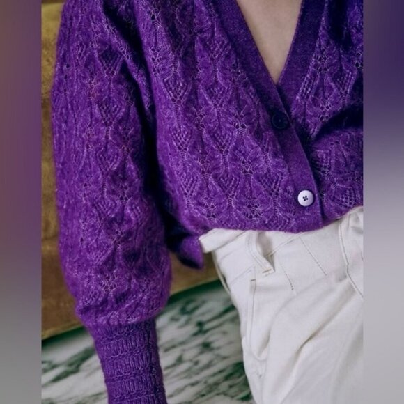 Sezane Marlow Knit Sweater Purple Size XS French Wool Kid Mohair Button V-Neck - Picture 3 of 13